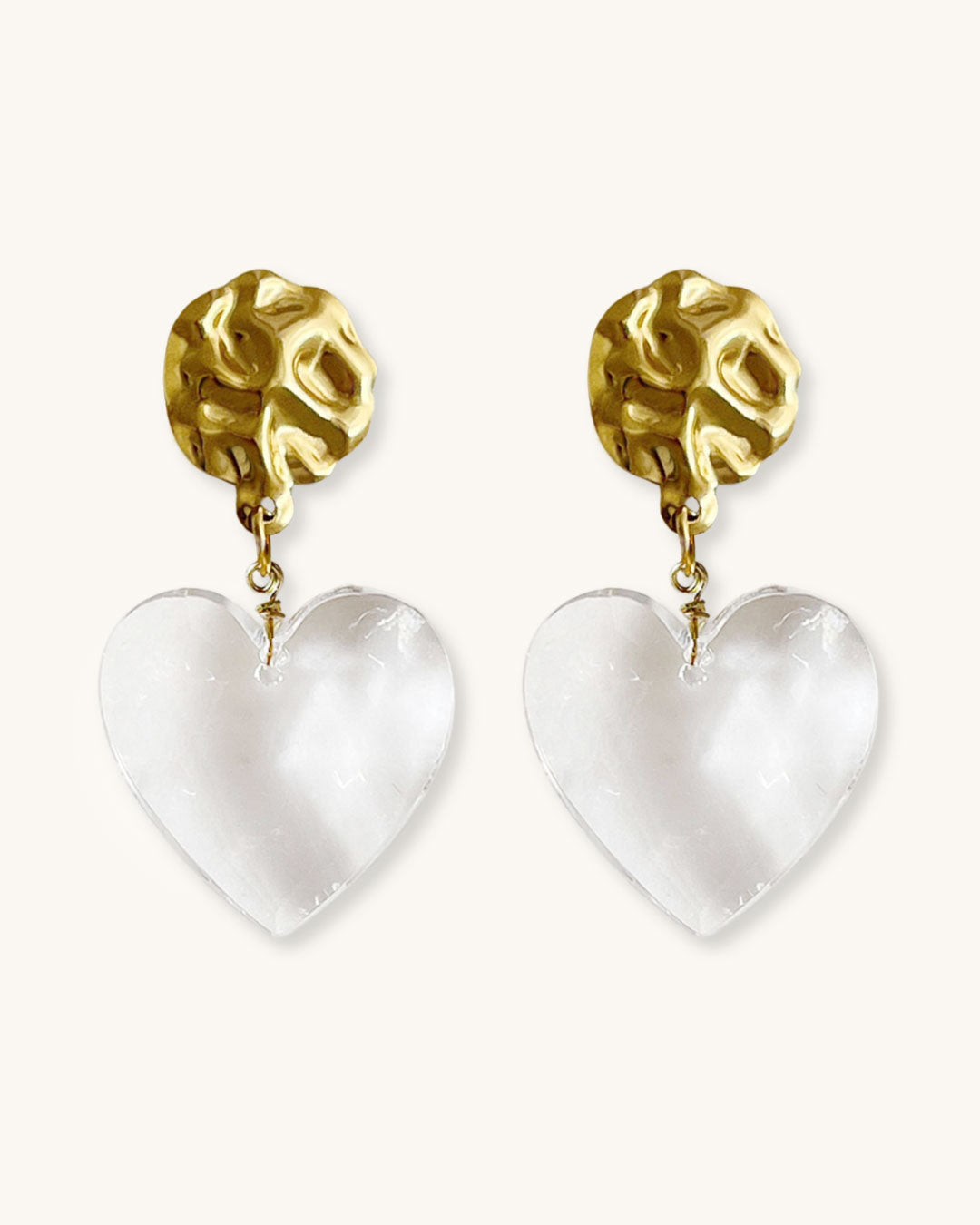 Gold Statement Earrings with large clear acrylic heart 