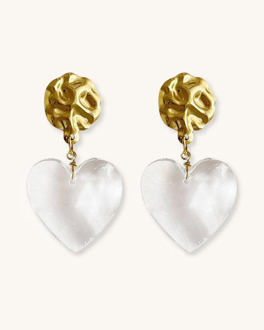 Gold Statement Earrings with large clear acrylic heart 