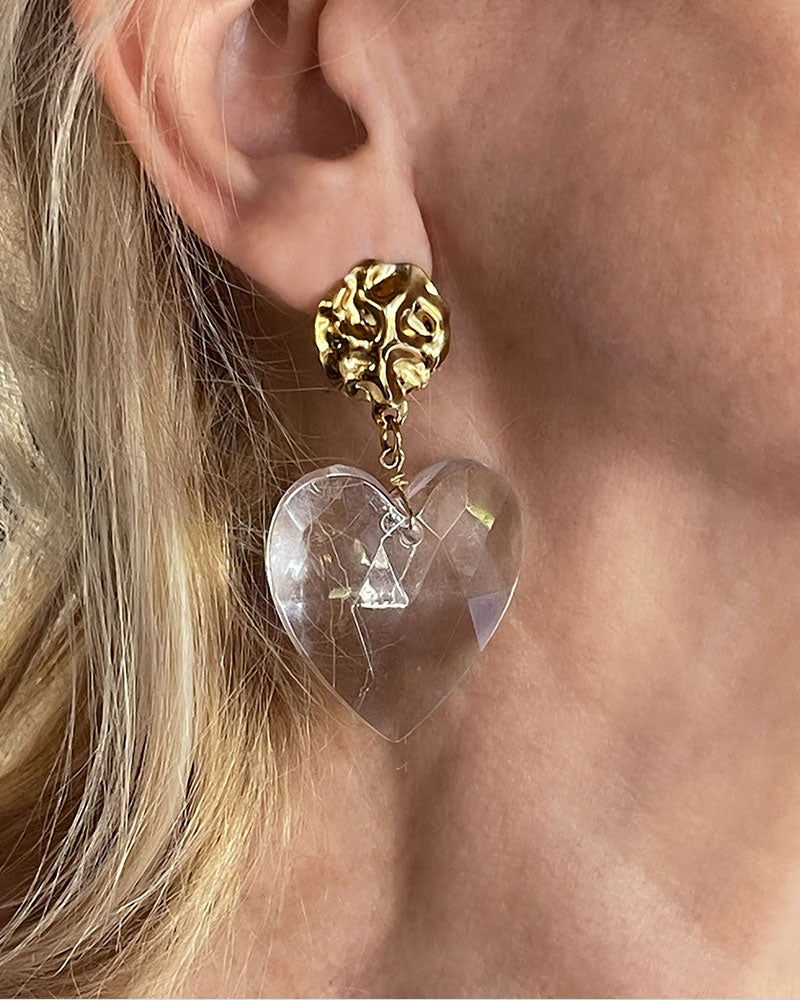 CLEAR ACRYLIC HEART GOLD DROP EARRINGS