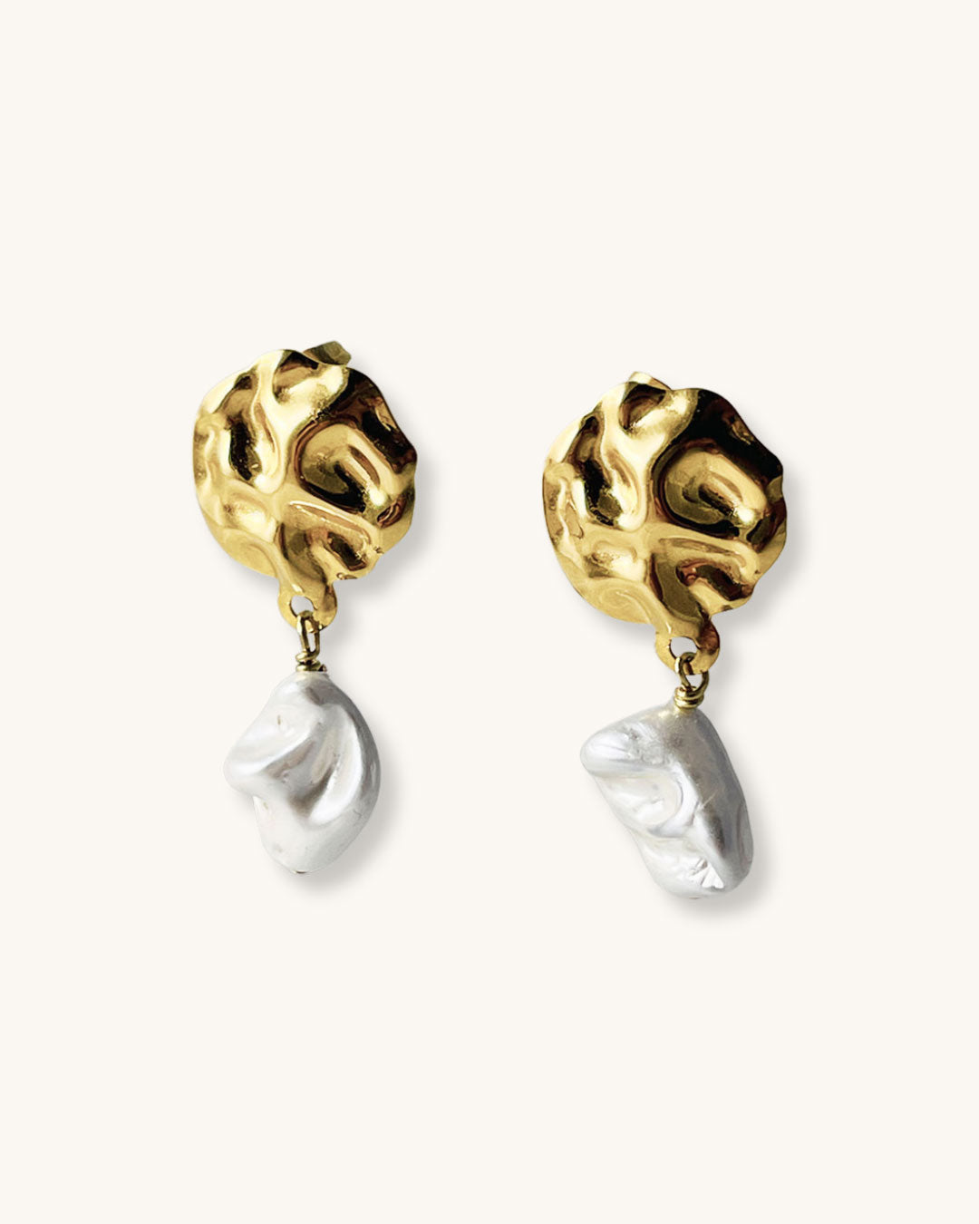 Pearl Shell Gold Earrings, a pair of gold earrings featuring MOP shell pearls.