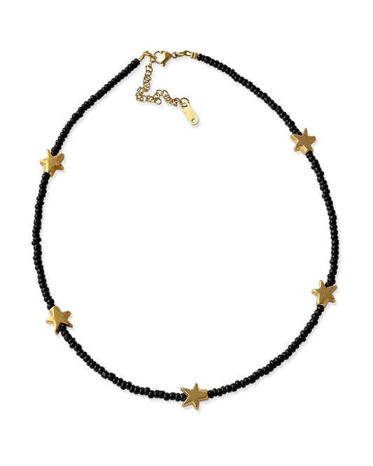 BEADED GOLD STAR CHARM NECKLACE IN BLACK