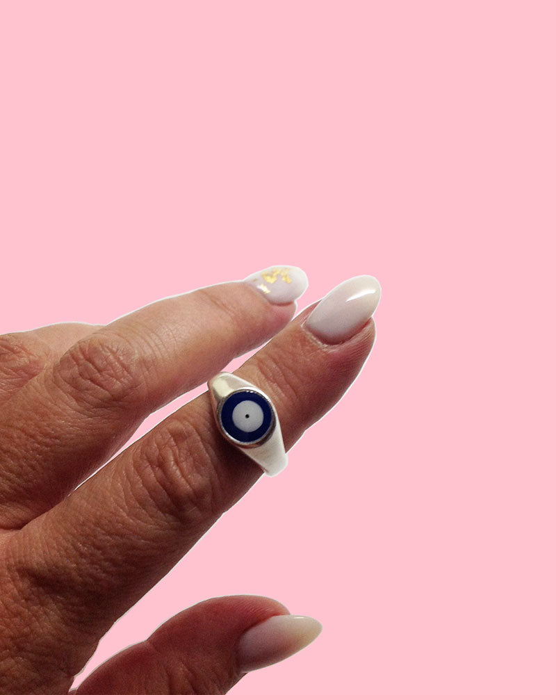 EVIL EYE BLUE RING IN SILVER