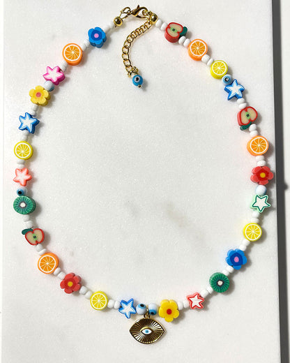 Colorful Beaded Summer Necklace With An Evil Eye Pendant