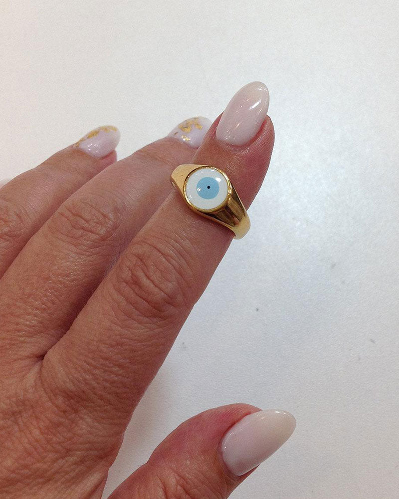 EVIL EYE BLUE & WHITE RING IN GOLD