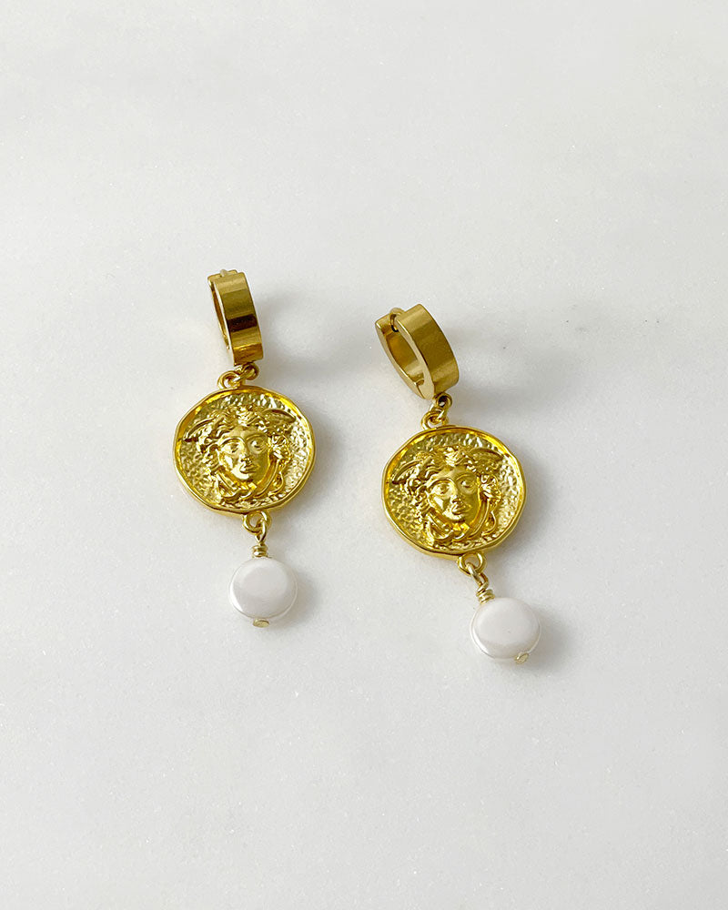 medusa hoop earrings in gold with pearl