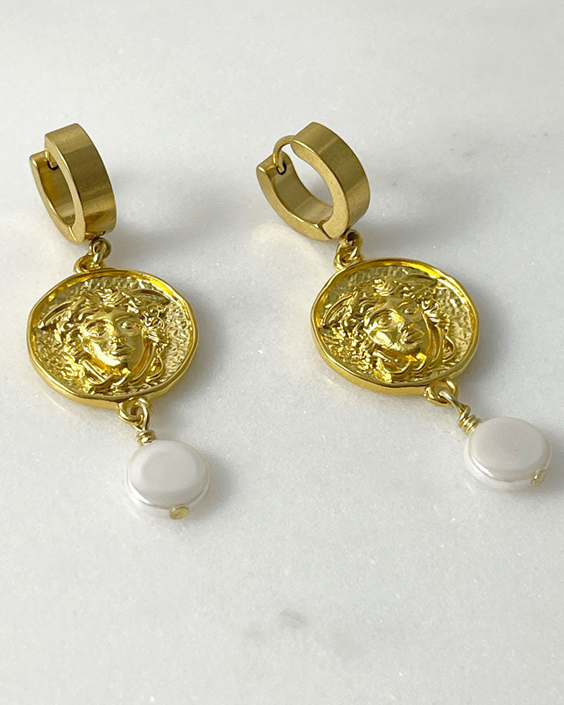 medusa hoop earrings in gold with pearl