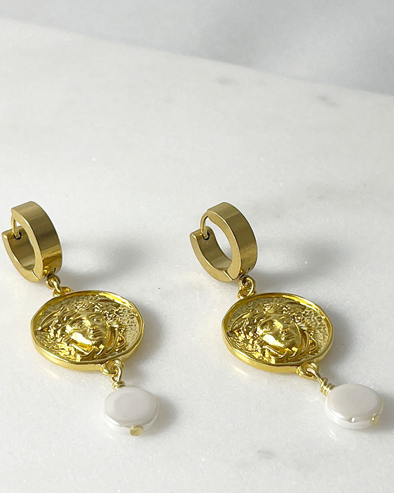 medusa hoop earrings in gold with pearl