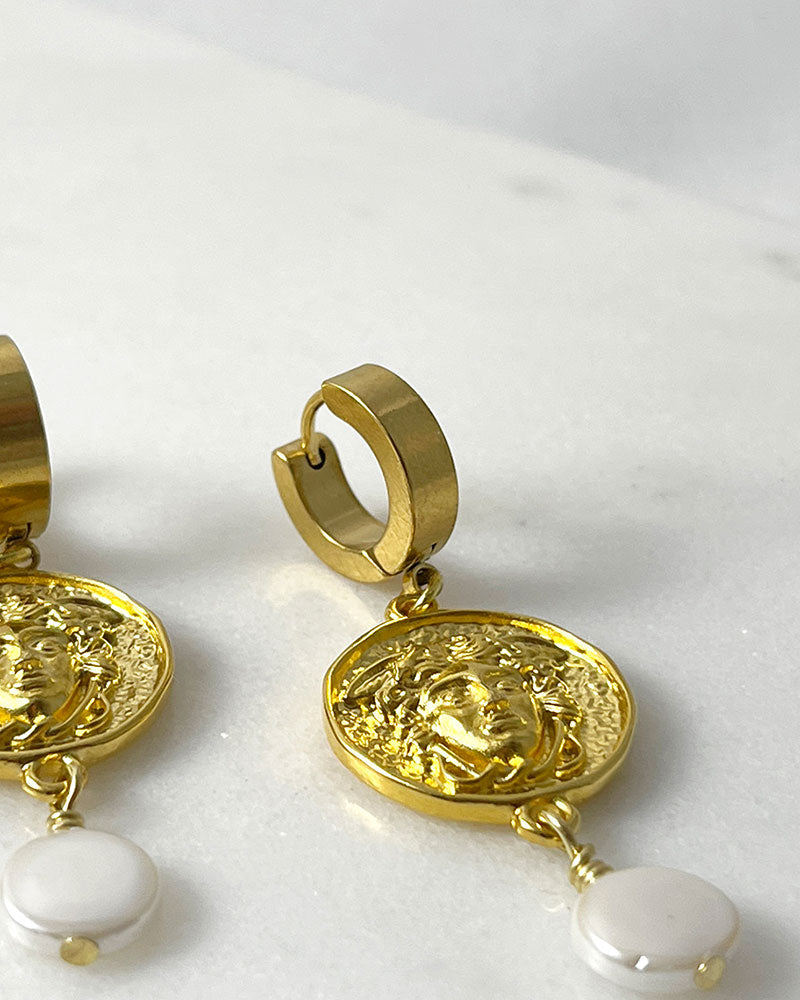 medusa hoop earrings in gold with pearl