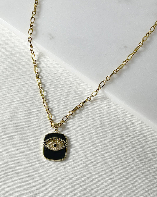 PAVE GOLD EVIL EYE PENDANT NECKLACE IN BLACK ENAMEL