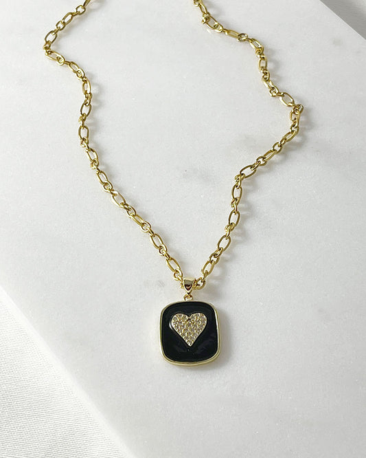 PAVE GOLD HEART PENDANT NECKLACE IN BLACK ENAMEL