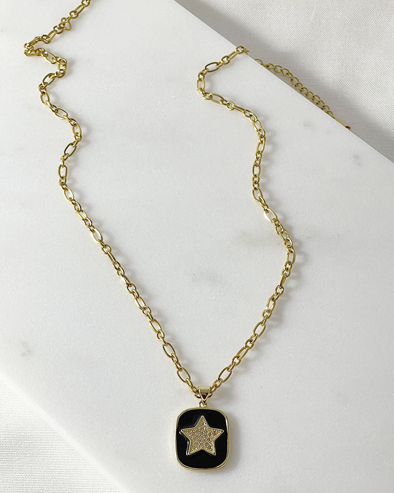 PAVE GOLD STAR PENDANT NECKLACE IN BLACK ENAMEL