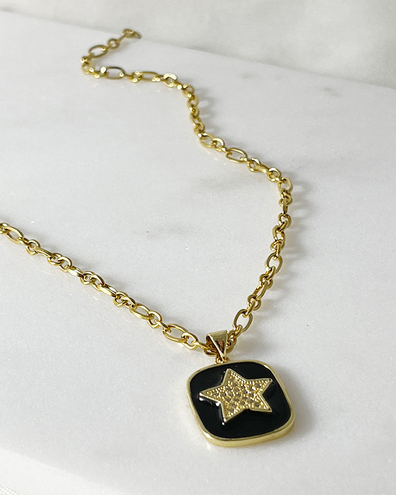 PAVE GOLD STAR PENDANT NECKLACE IN BLACK ENAMEL