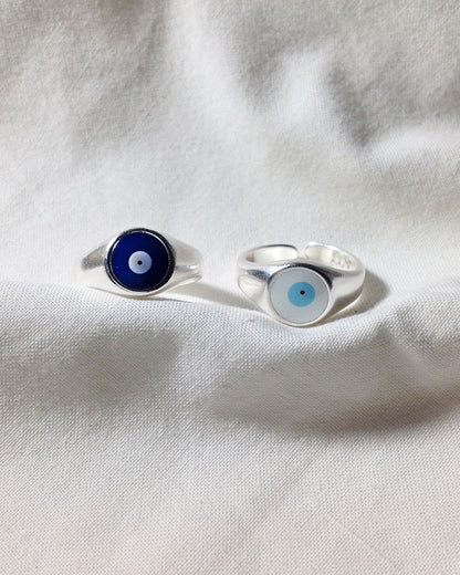 EVIL EYE WHITE RING IN SILVER