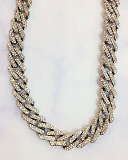 Chunky Silver Chain Necklace in White Crystals