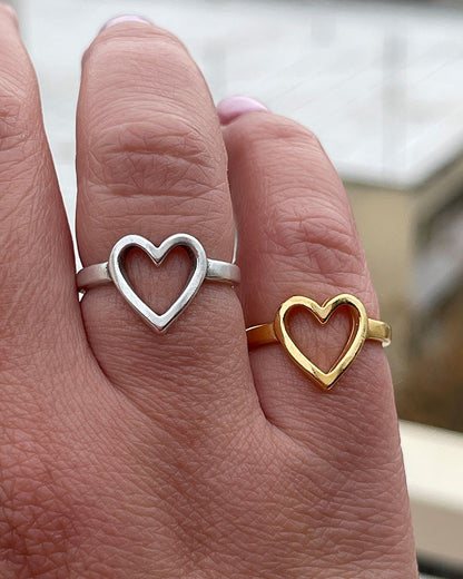 dainty open heart adjustable ring in gold and silver antique