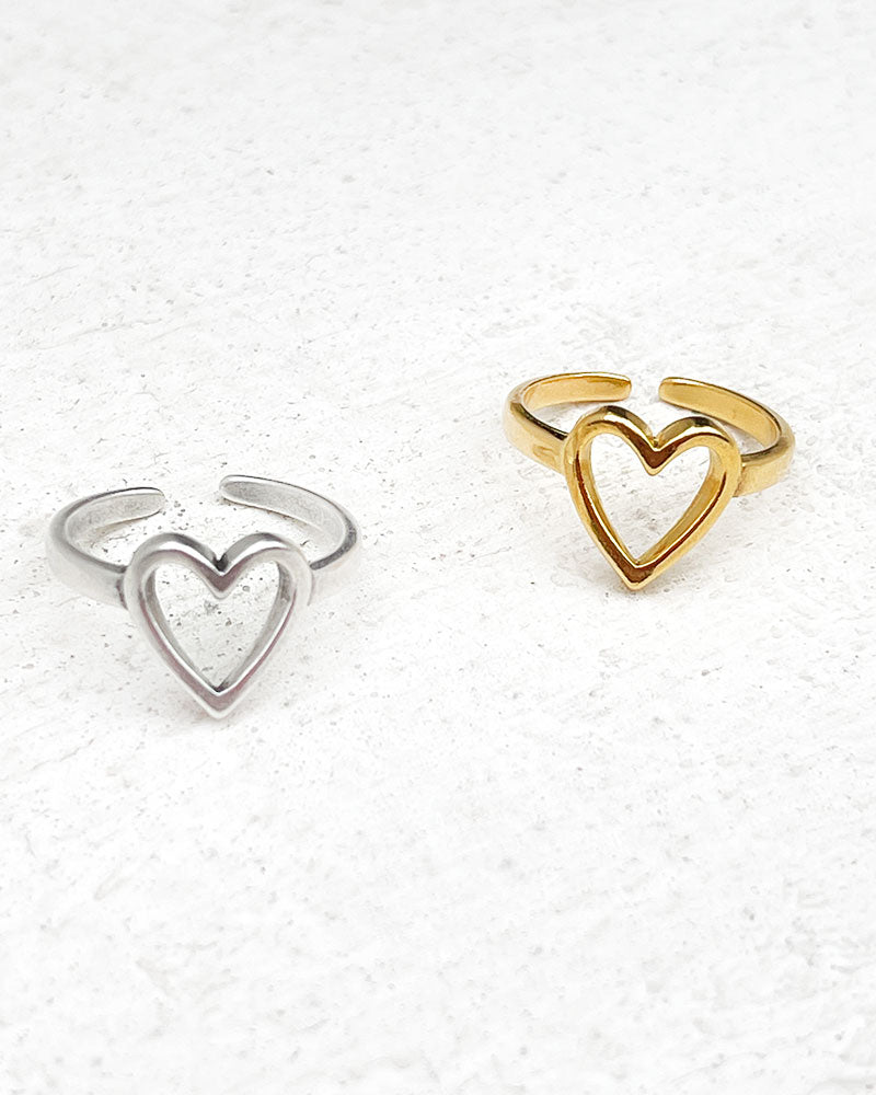 dainty open heart adjustable ring in gold and silver antique