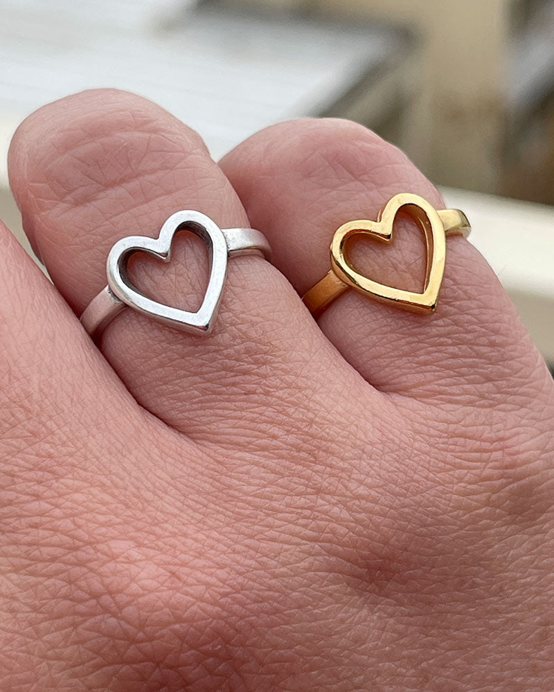 dainty open heart adjustable ring in gold and silver antique