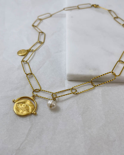 Evil Eye Pearl Paperclip Chain Necklace in gold
