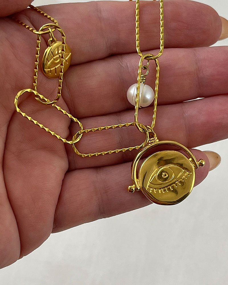 Gold Paperclip Charm Necklace-5 Charms-Fresh Water Pearl-Evil Eye Charm-Coat of Arms- Ball Charm-Ruby Heart Radial Charm-Spring Clasp 25