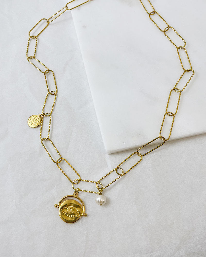 Evil Eye Pearl Paperclip Chain Necklace in gold