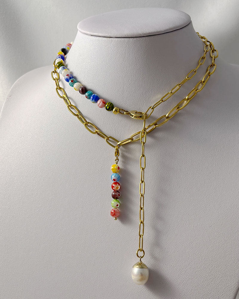 Double Strand Beaded Lariat Necklace - Long Length