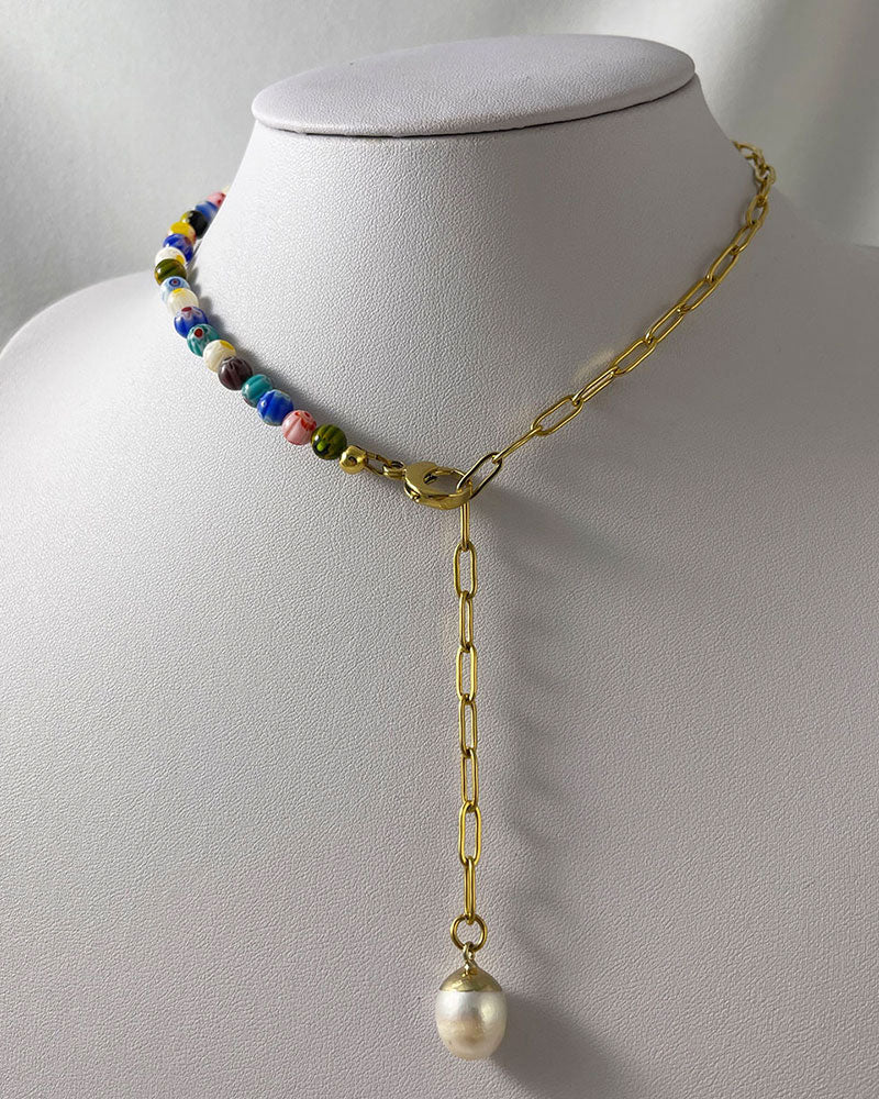 MURANO BEADED PEARL LARIAT NECKLACE