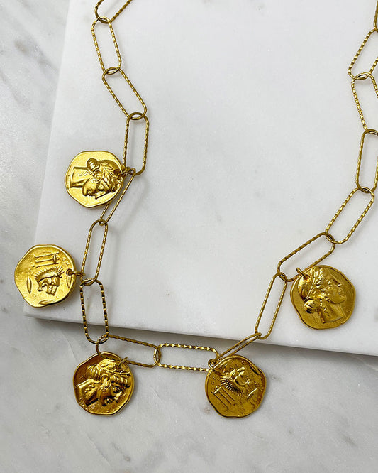 multi ancient coin charms with paperclip chain necklace in gold